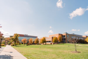 Wide view of The Commons and ILSB building in the fall