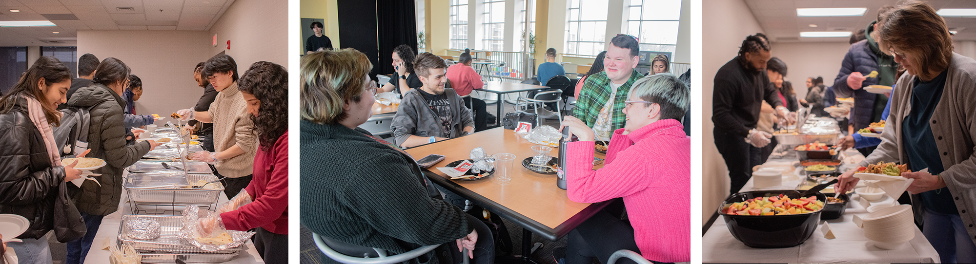 Collage of three images, students getting food in a buffet line, students chatting at a table in Sports Zone, and People getting food in a different buffet line