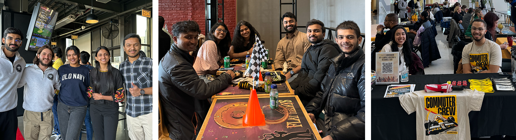 Collage of three images, left a group of five people enjoying Top Golf, middle a group of many people around tables at Flat Tuesdays, third two student staff sitting at the Commuter Week table with SWAG to give away